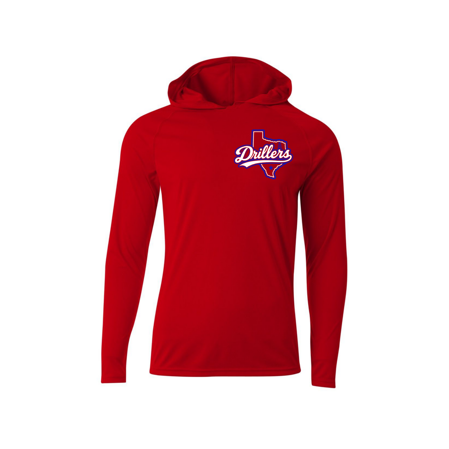 A red long-sleeve performance hoodie with a white and blue 'Drillers' logo printed on the chest, displayed on a clean white background.