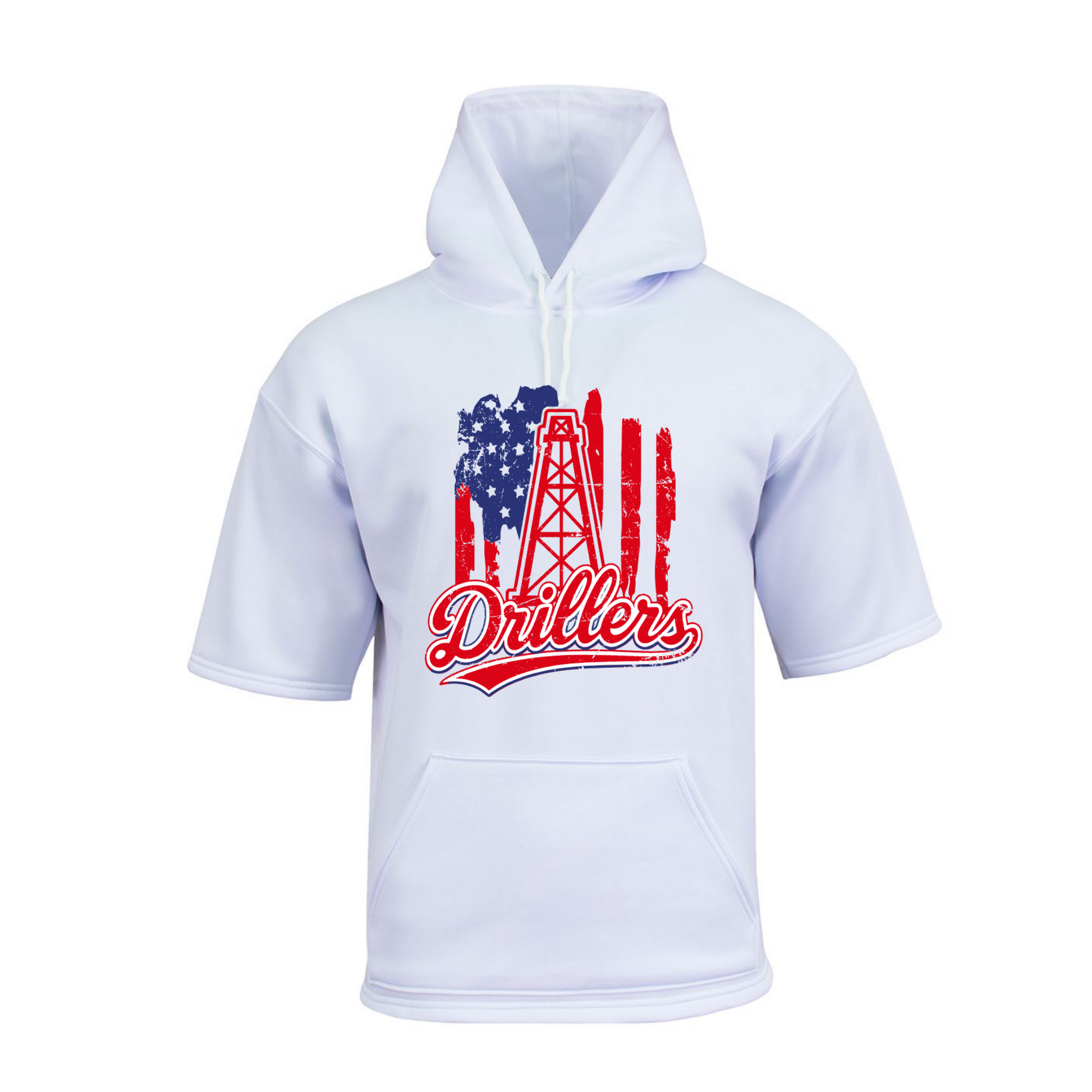A white short-sleeve pullover hoodie with a front kangaroo pocket and a graphic on the chest featuring a distressed American flag and an oil derrick above the word 'Drillers' in red script.