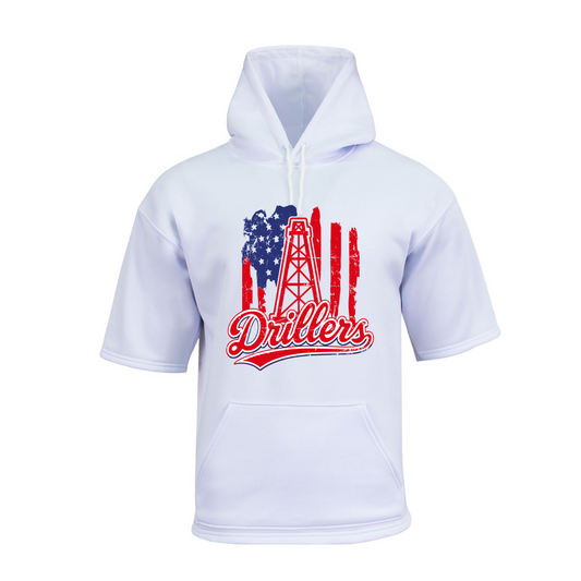 A white short-sleeve pullover hoodie with a front kangaroo pocket and a graphic on the chest featuring a distressed American flag and an oil derrick above the word 'Drillers' in red script.