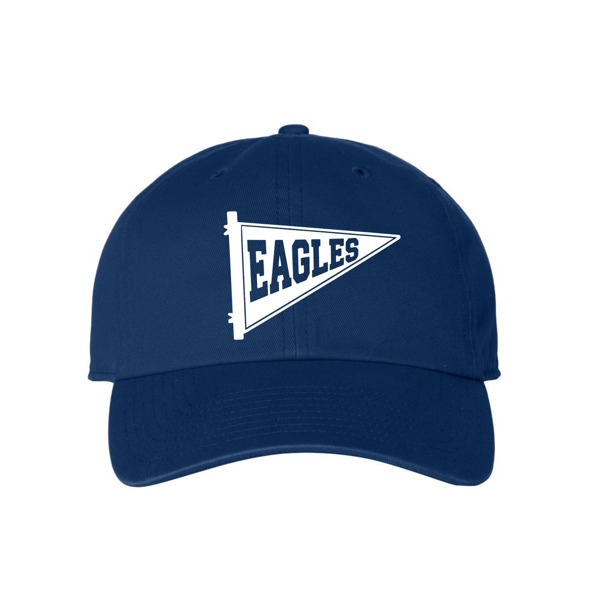 A navy blue baseball cap featuring a white embroidered pennant graphic on the front with the word 'EAGLES' in navy lettering.