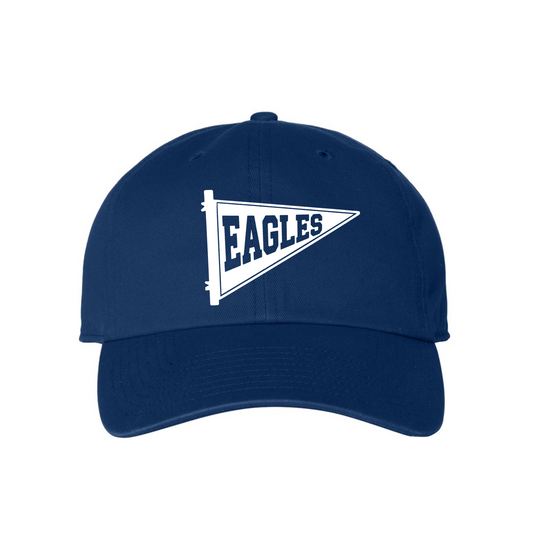 A navy blue baseball cap featuring a white embroidered pennant graphic on the front with the word 'EAGLES' in navy lettering.