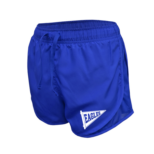 Royal blue athletic shorts with a white and blue Eagles logo on the lower left leg, shown against a plain white background.