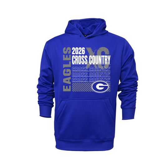 A royal blue pullover hoodie featuring a front graphic for the 2026 Cross Country Eagles, with white and gray text and the Georgia Bulldogs logo.