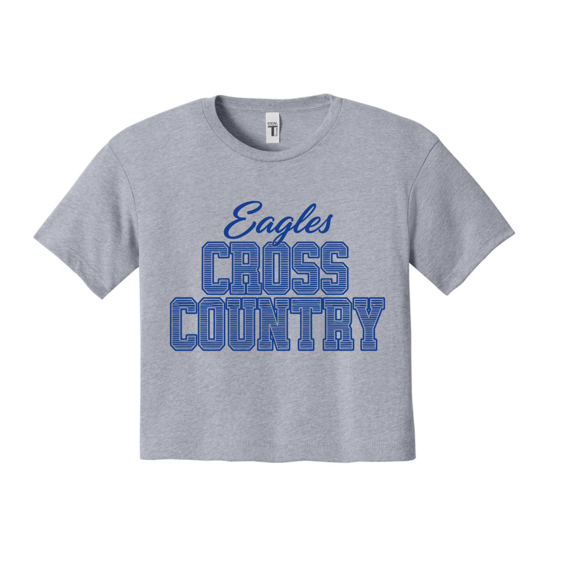 A heather gray short-sleeve t-shirt with 'Eagles CROSS COUNTRY' printed on the front in blue, shown against a plain white background.