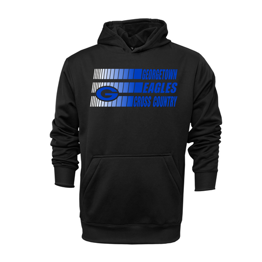 A black pullover hoodie with a blue and white graphic on the chest featuring the text 'Georgetown Eagles Cross Country' and a stylized 'G' logo, shown against a plain white background.