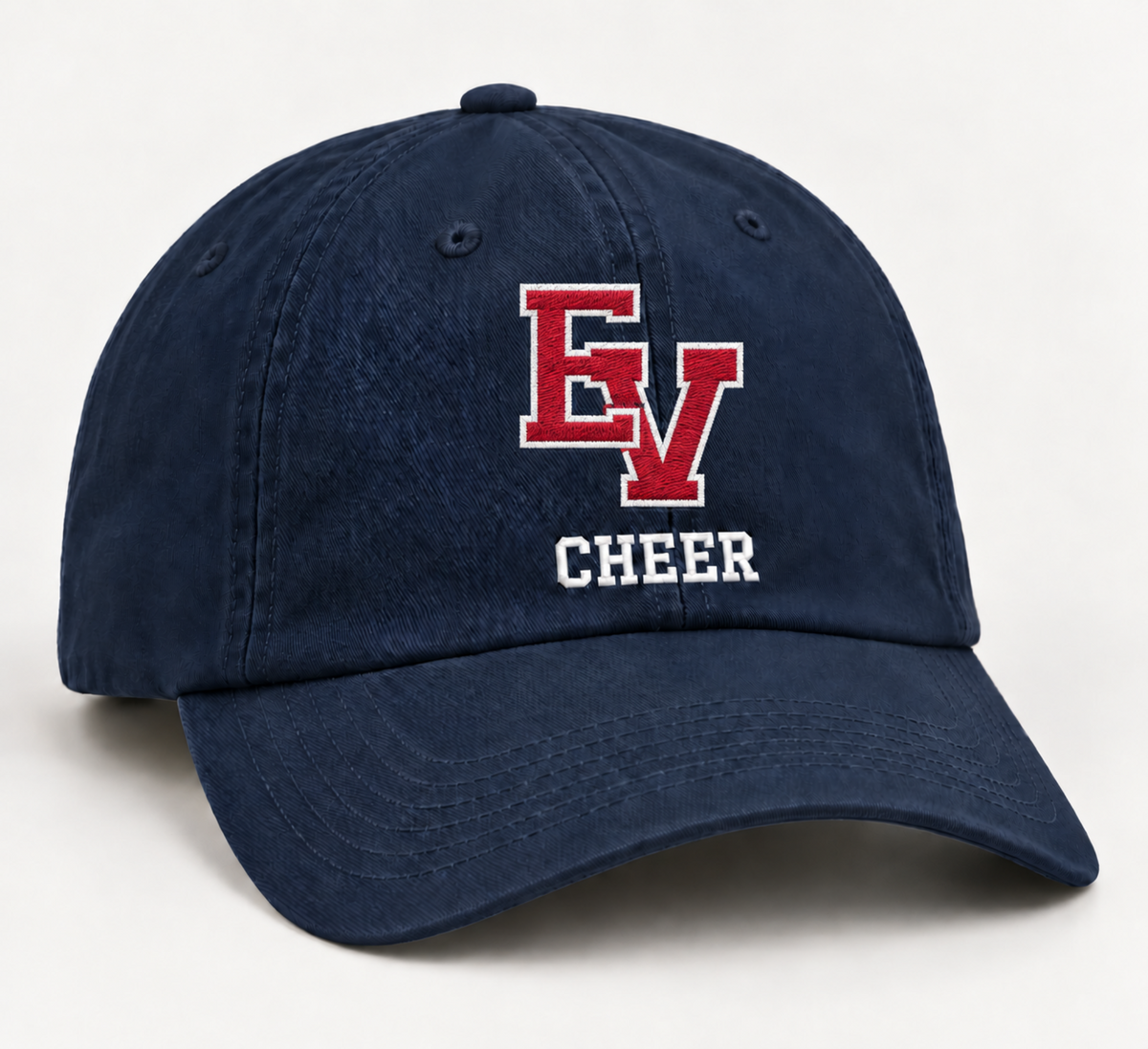 Navy East View Cheer cap with embroidered red EV and white border