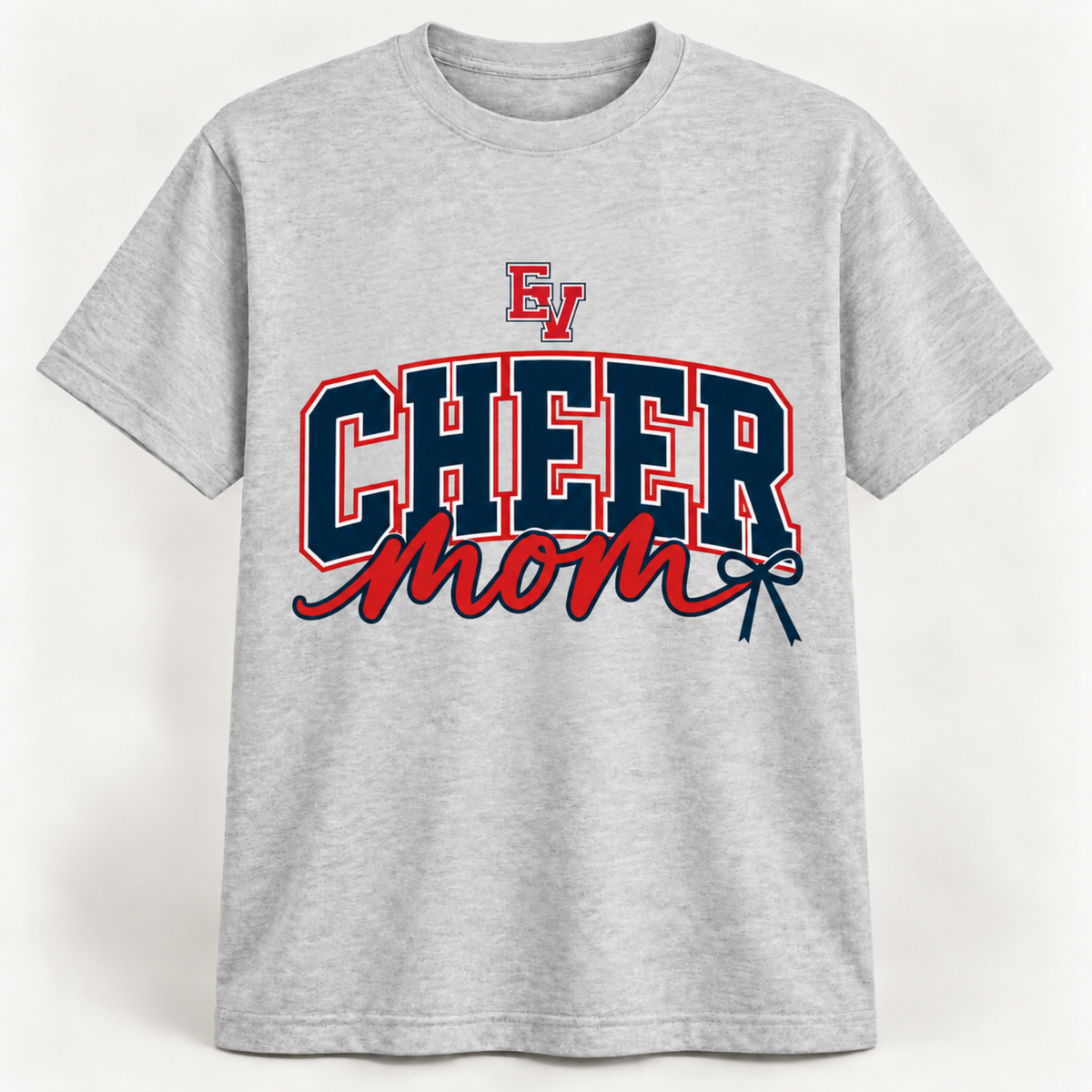 Ash gray East View Cheer Mom tee with design lowered below neckline