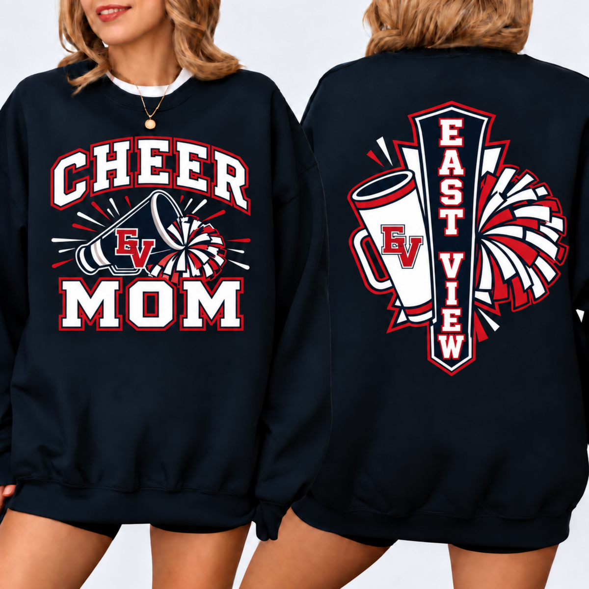 Navy East View Cheer Mom sweatshirt front and back, with a plain O in MOM and EV logos on the megaphones