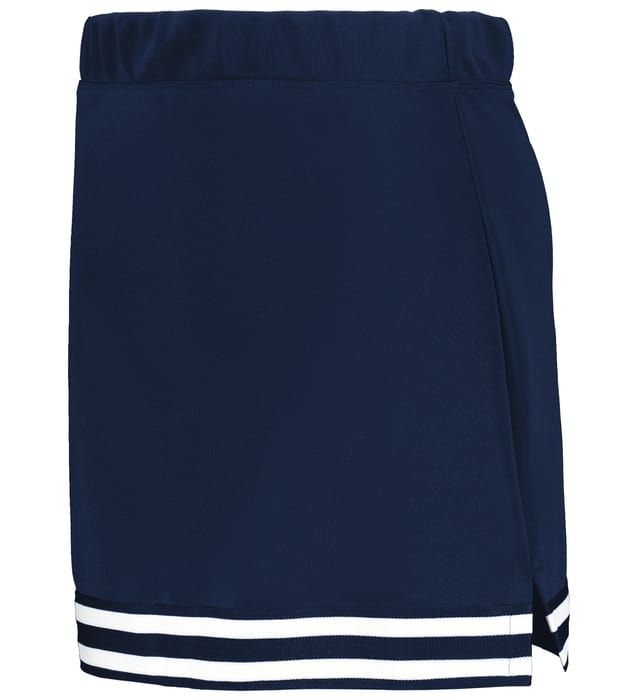 Navy cheer skirt with an elastic waistband, side vent and two white stripes near the hem