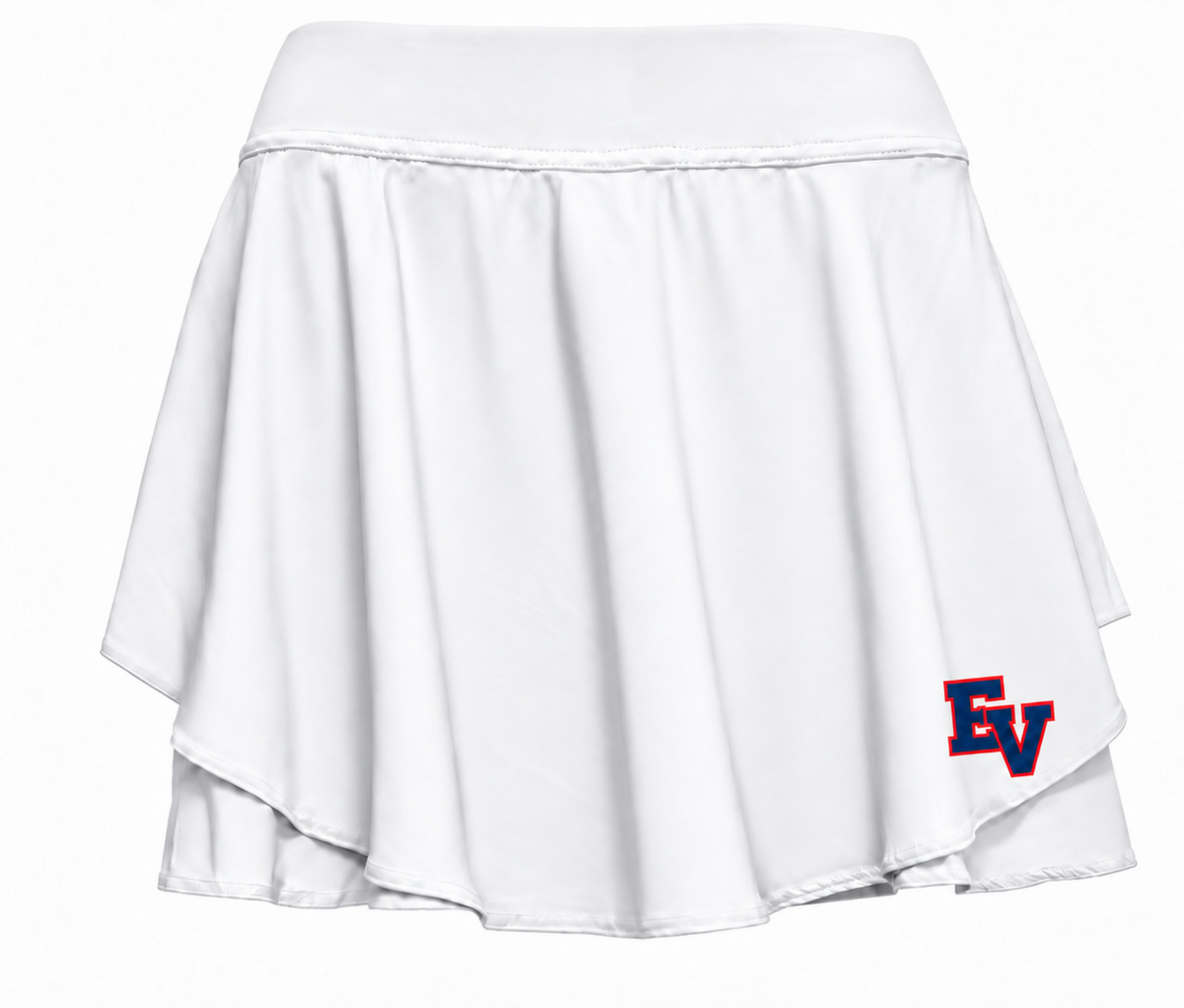 White East View Cheer skort with a small navy EV logo outlined in red near the hem