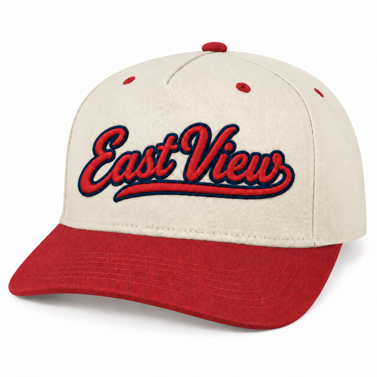 Cream East View hat with a red bill, red top button and eyelets, and red East View script embroidery with navy outlines
