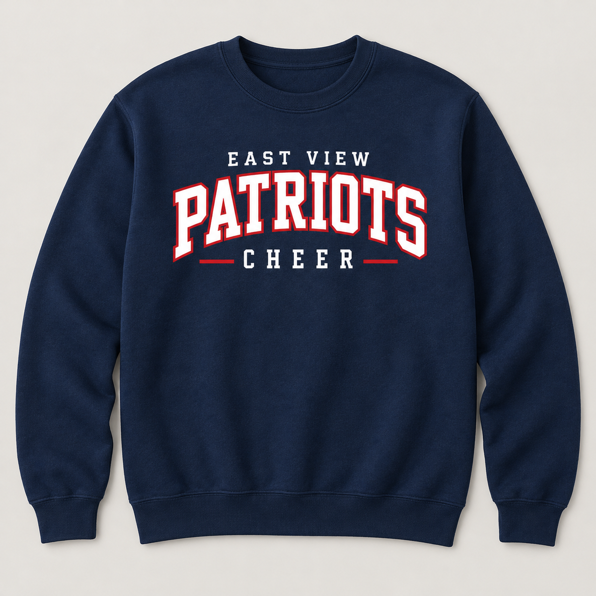 Navy East View Patriots Cheer crewneck sweatshirt with white collegiate lettering and red outlines