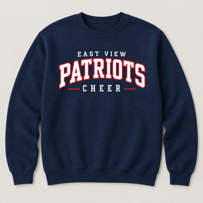 Navy East View Patriots Cheer crewneck sweatshirt with white collegiate lettering and red outlines