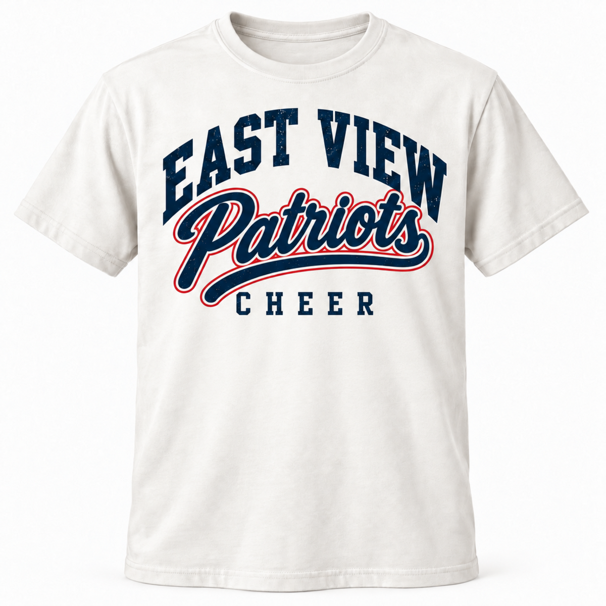 White vintage East View Patriots Cheer tee with compact lettering and no EV logo