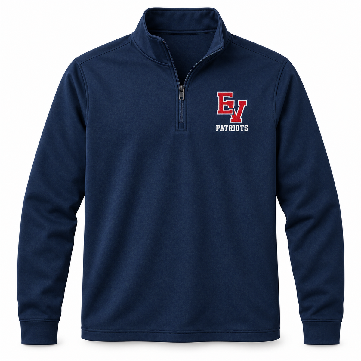 Navy East View Patriots quarter-zip pullover mockup with small red and white EV embroidery and white PATRIOTS lettering on the left chest