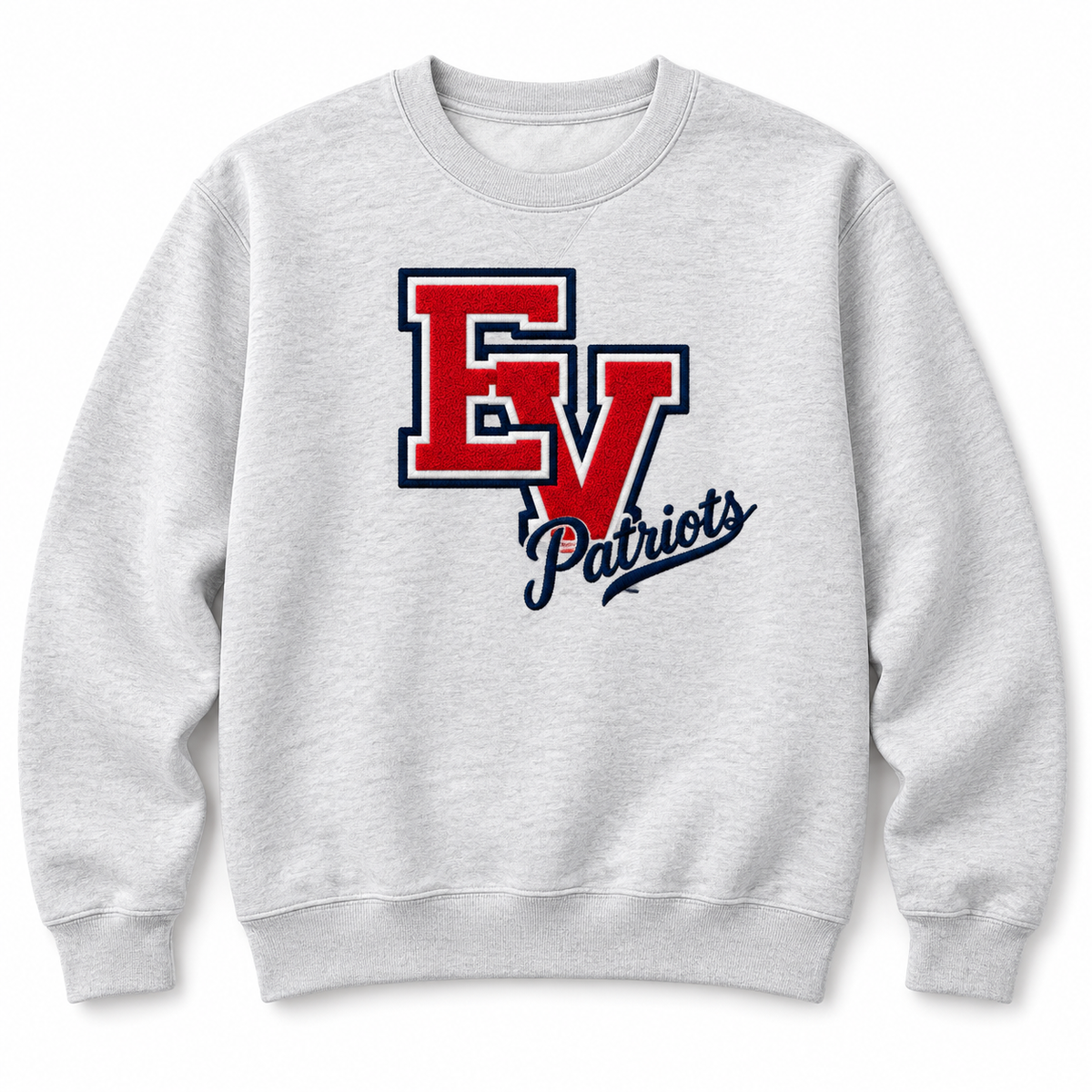 Ash gray East View Patriots crewneck mockup with red EV appliqué, white and navy borders, and navy Patriots script