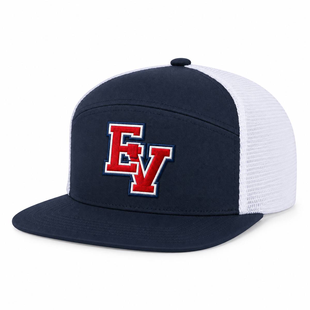 East View Patriots flat-bill trucker hat with a navy front and bill, white mesh sides and back, and a red EV logo embroidered with white and navy borders