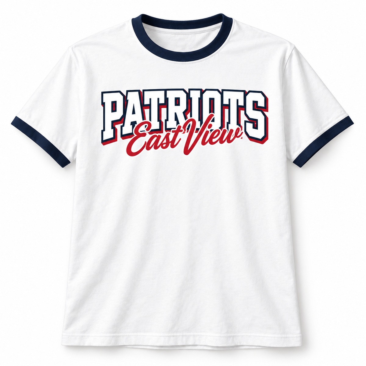 White East View Patriots ringer tee mockup with navy collar and sleeve trim, outlined PATRIOTS lettering, and red East View script