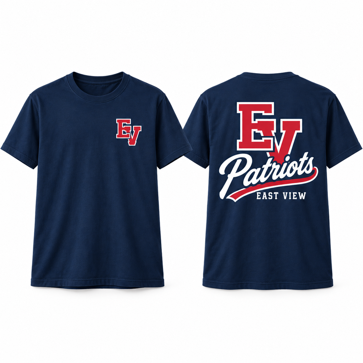 Front and back of navy East View Patriots tee with small left-chest EV logo and large red EV and white Patriots script on the back