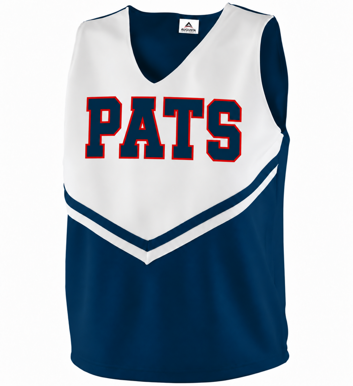 Navy and white East View cheer shell with navy PATS lettering outlined in red