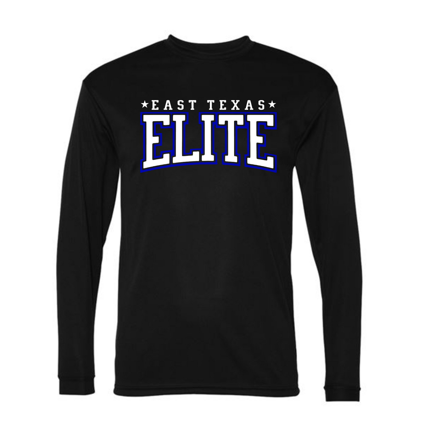 Black East Texas Elite Baseball Tshirt, Elite Baseball Black Shirt, Royal Blue East Texas Elite Baseball Tee