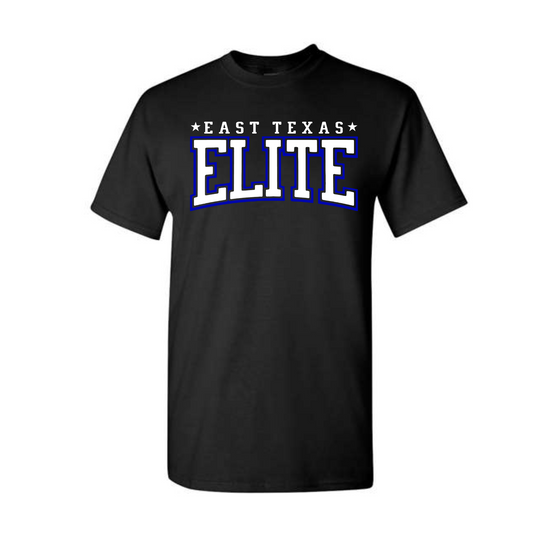 Black East Texas Elite Baseball Tshirt, Elite Baseball Black Shirt, Royal Blue East Texas Elite Baseball Tee