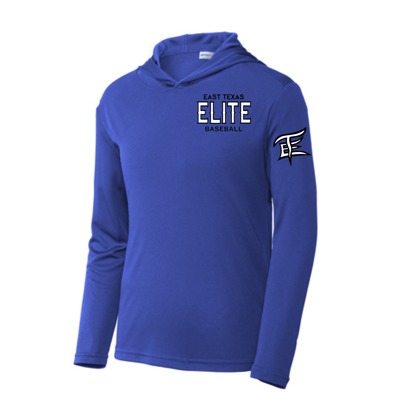 Hooded East Texas Elite Logo Baseball Long Sleeve Tshirt, Elite Baseball Black Shirt, Royal Blue East Texas Elite Baseball Tee