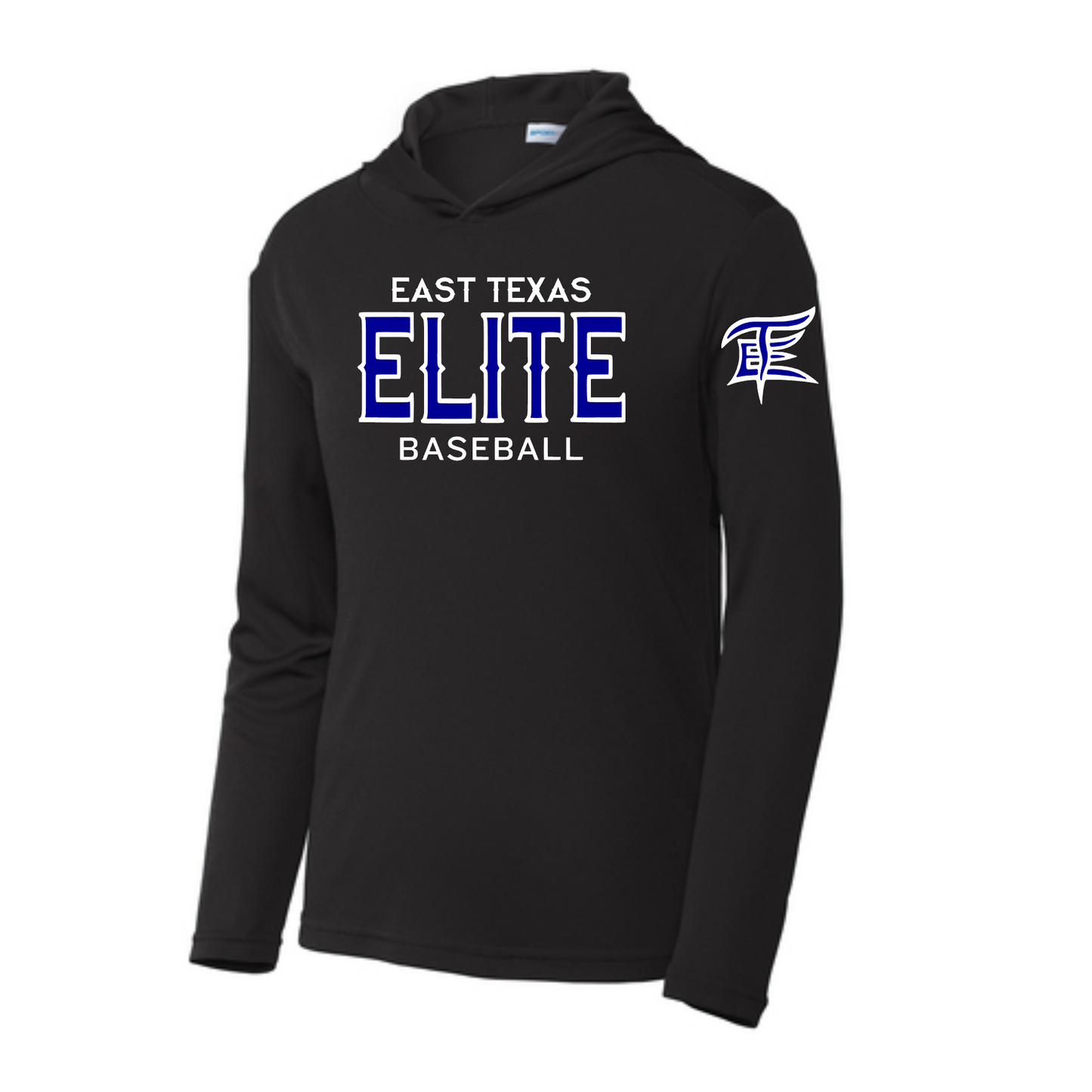 Hooded East Texas Elite Logo Baseball Long Sleeve Tshirt, Elite Baseball Black Shirt, Royal Blue East Texas Elite Baseball Tee