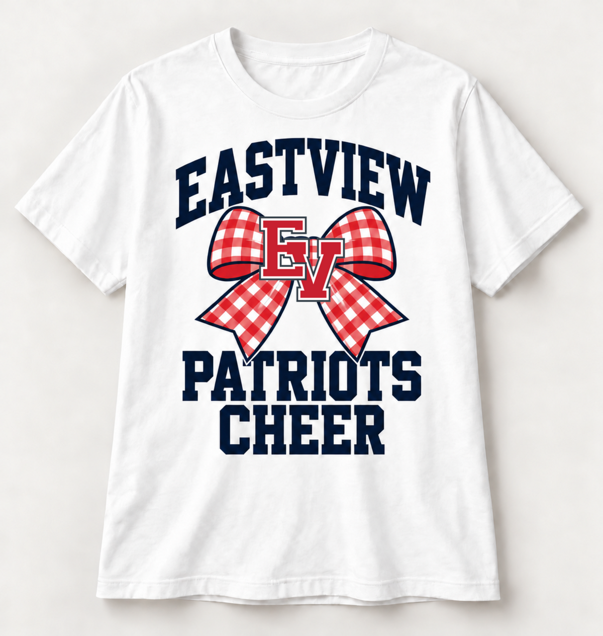 East View Patriots Cheer gingham bow tee with supplied official EV logo