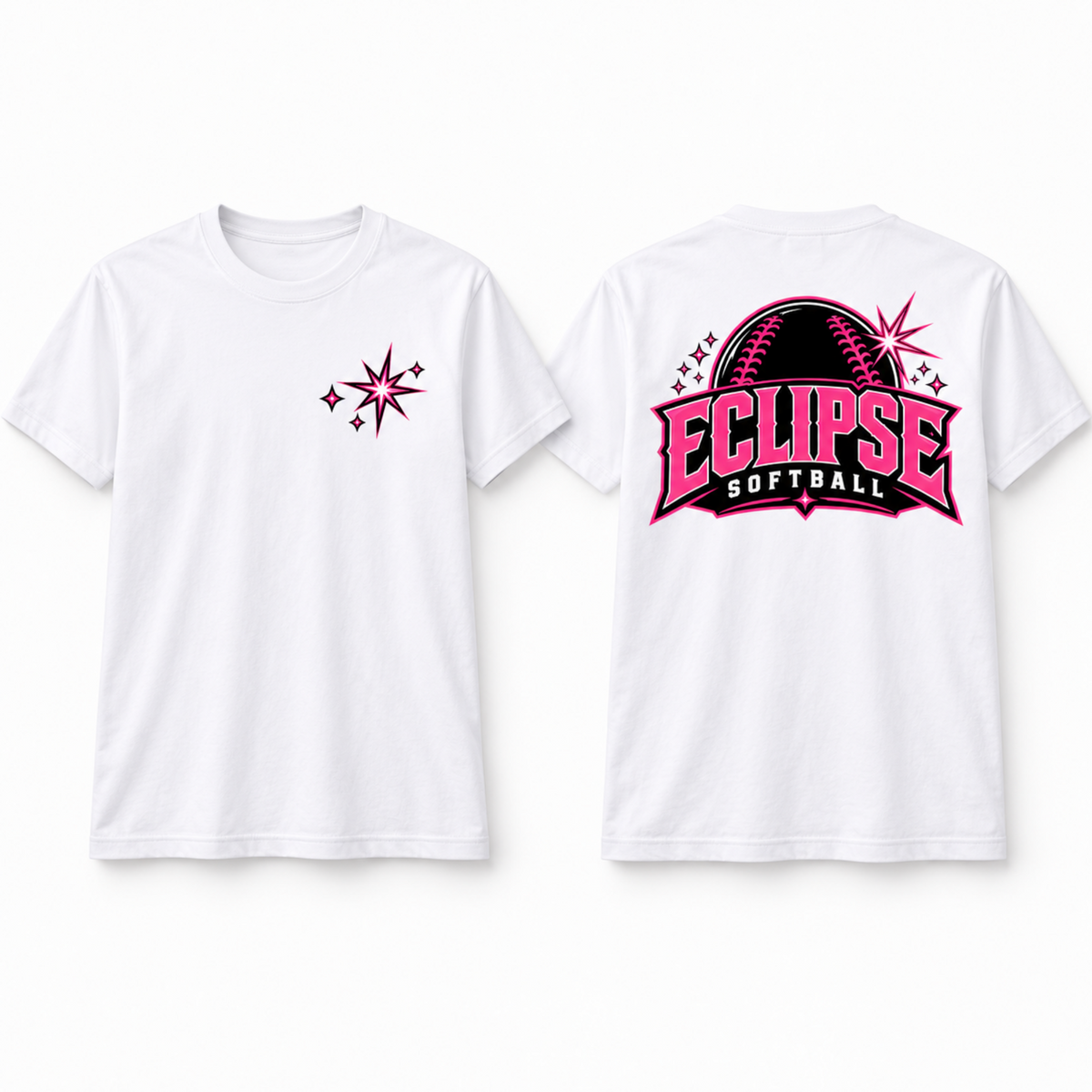 White short-sleeve t-shirt shown from both front and back. The front has a small pink starburst graphic on the left chest, and the back features a large pink and black baseball graphic with the text 'ECLIPSE SOFTBALL'.