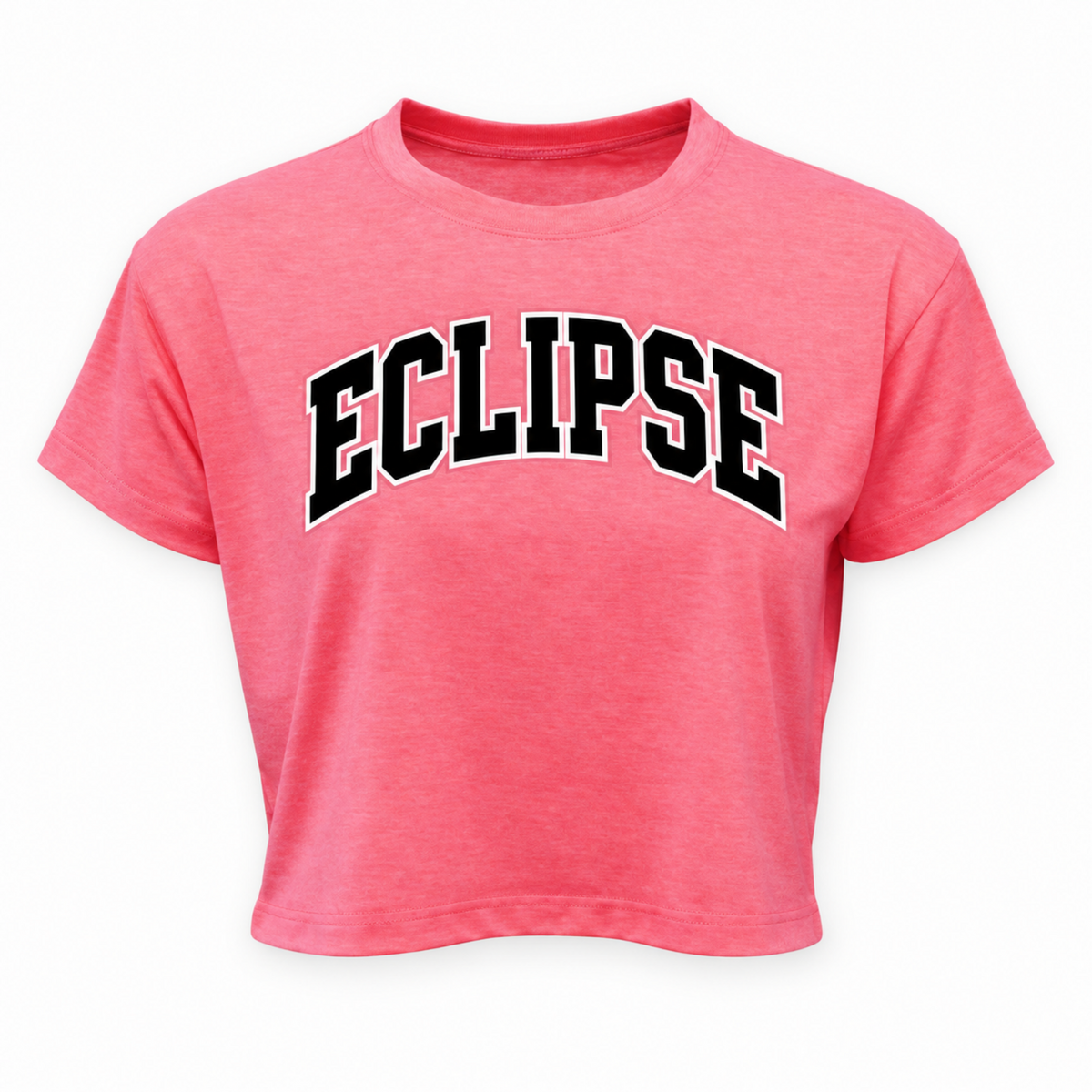 A pink heathered short-sleeve crop top t-shirt featuring the word 'ECLIPSE' printed across the chest in black varsity-style block letters with a white outline, displayed on a clean white background.