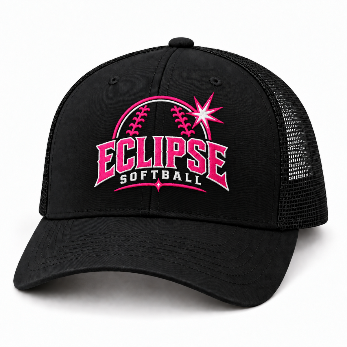 A black trucker-style baseball cap with a curved brim, black mesh back, and a pink and white embroidered 'Eclipse Softball' logo on the front.