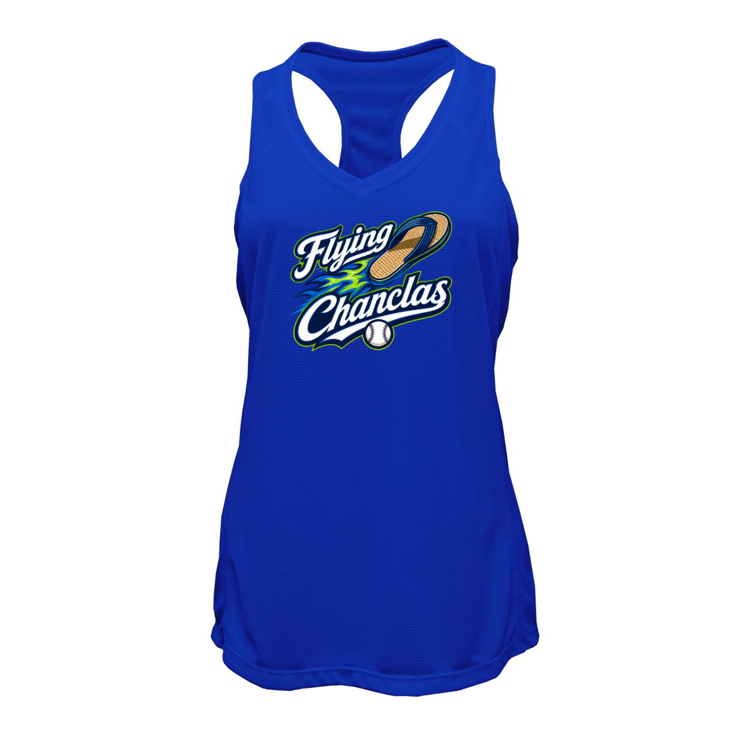 Blue tank top with 'Flying Chanclas' logo on a white background