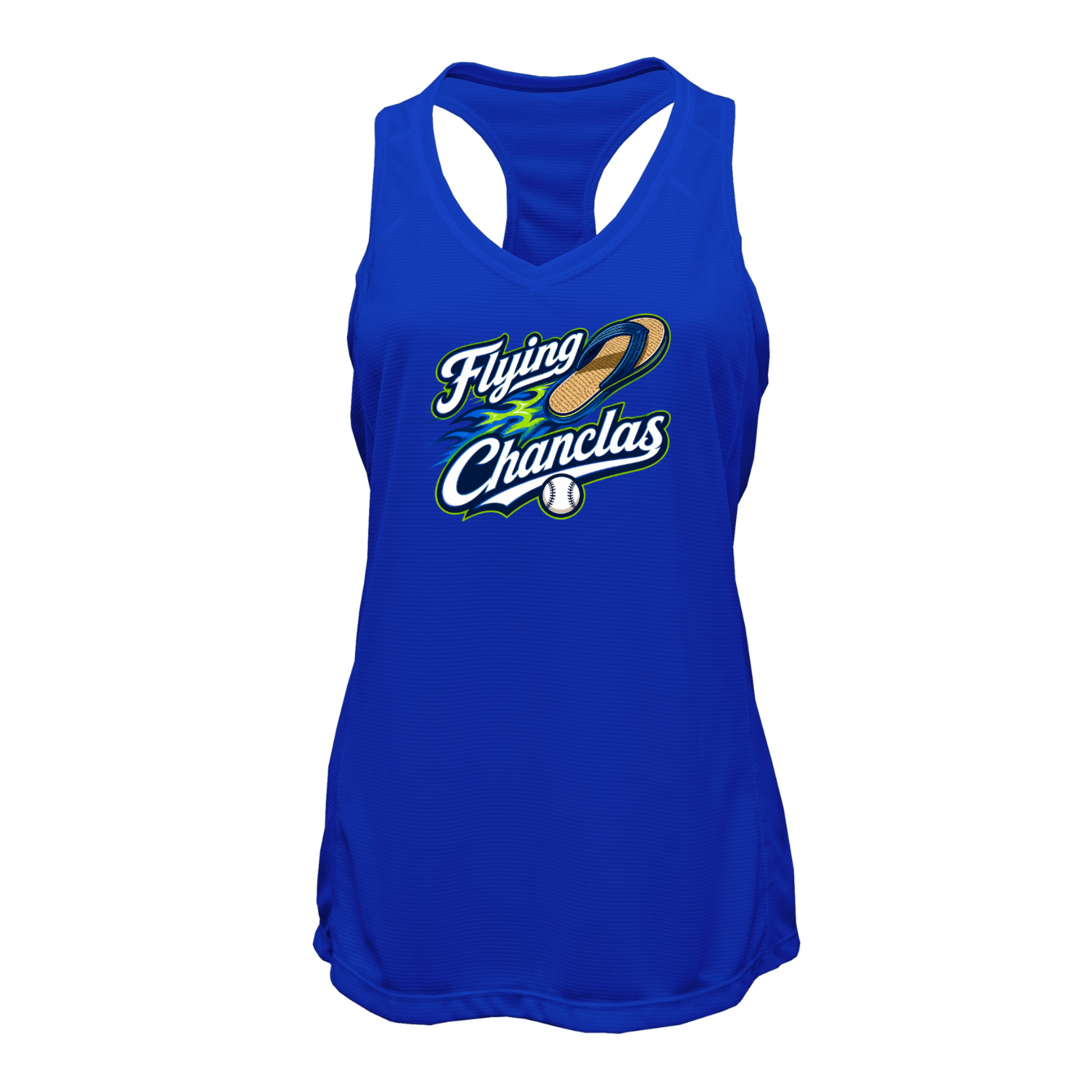 Blue tank top with 'Flying Chanclas' logo on a white background
