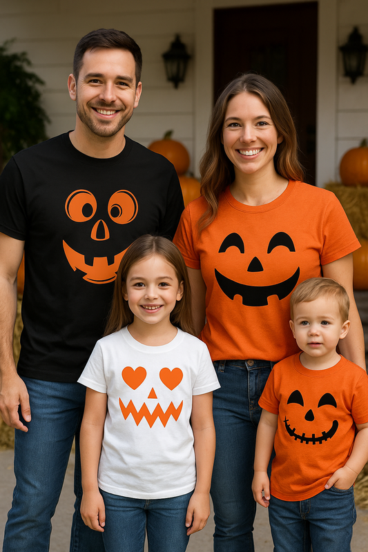 Family of four wearing Halloween-themed t-shirts with pumpkin designs in front of pumpkins.
