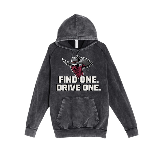 Gray hoodie with a logo and text on a white background