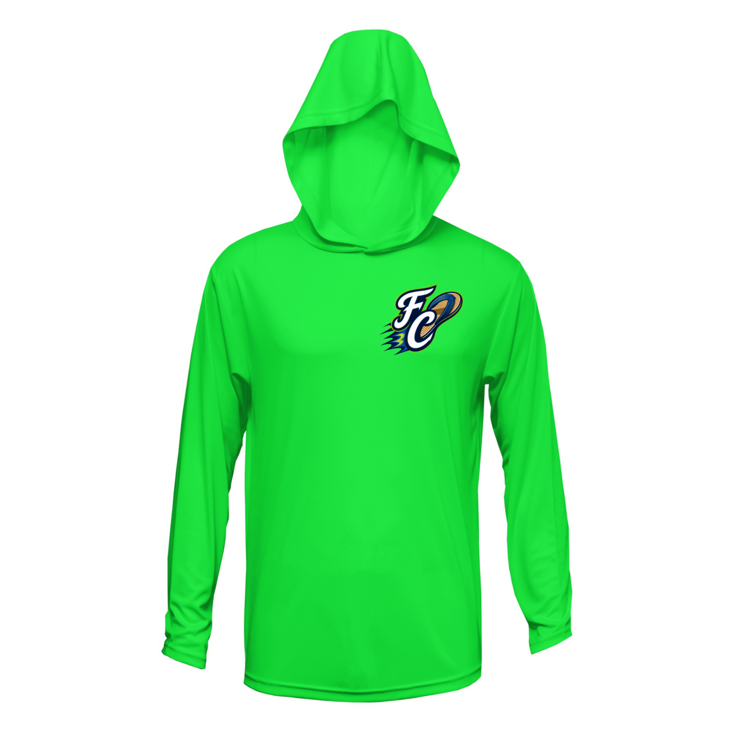 Green hoodie with a logo on a white background