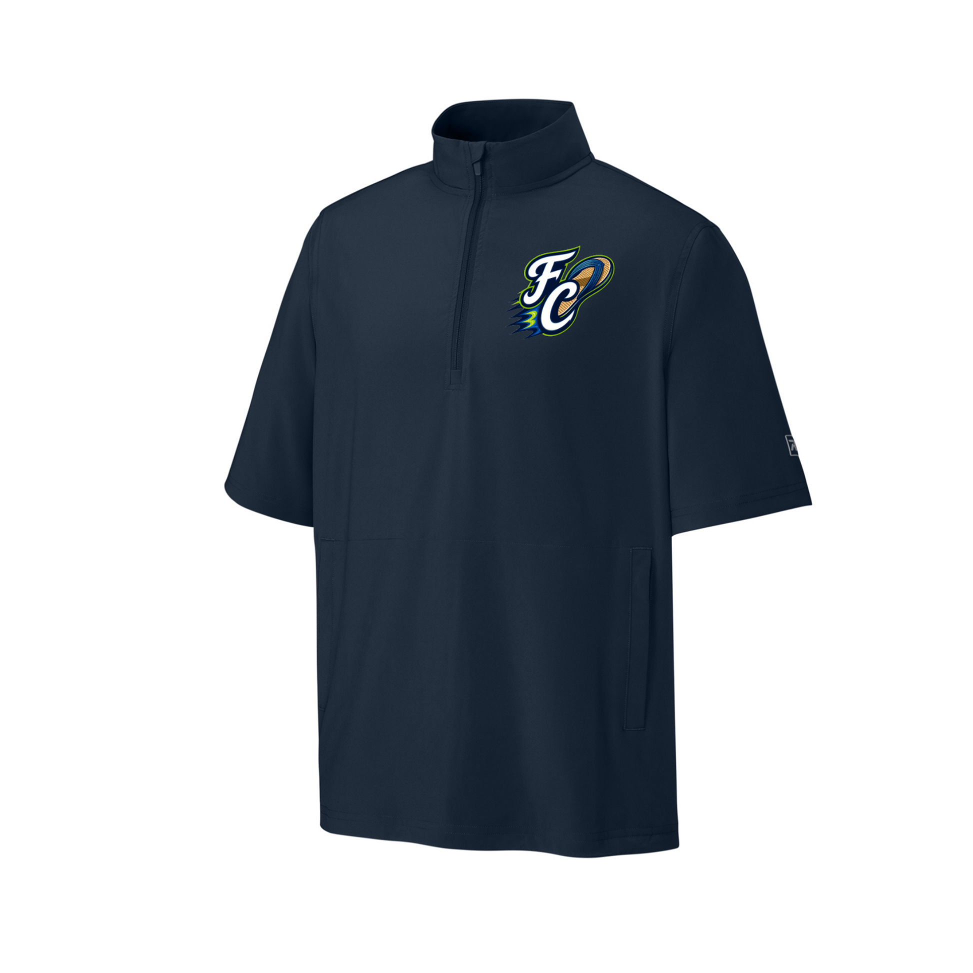 Navy short-sleeve shirt with a logo on the chest against a white background