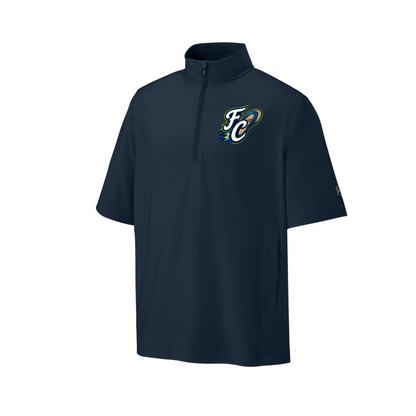 Navy short-sleeve shirt with a logo on the chest against a white background