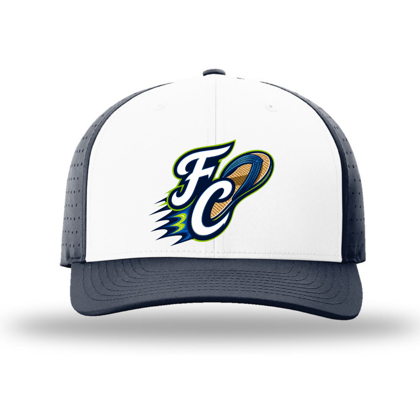 White and navy trucker cap with a logo on a white background