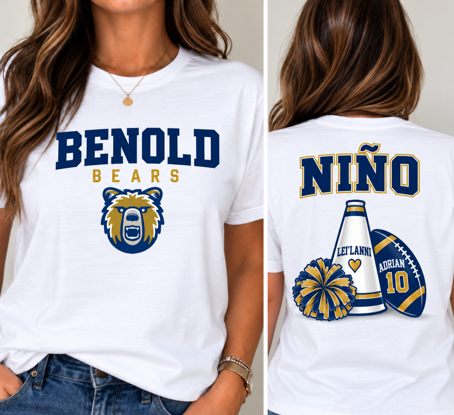 A white short-sleeve graphic T-shirt shown on a model from both front and back. The front reads "BENOLD BEARS" in navy and gold with a bear head logo.