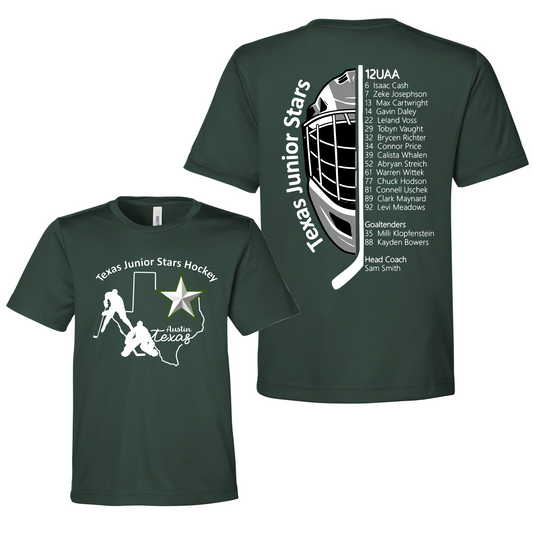 Texas Junior Stars Roster Shirt, Forest Green 12AA Roster Shirt, Hockey Team Shirt