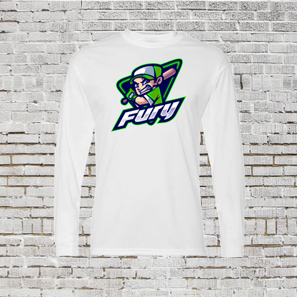 Drifit Fury Baseball Long Sleeve Tshirt, White Fury Tee, Fury Baseball Logo Shirt