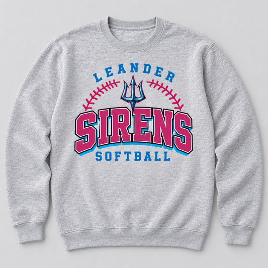 A heather gray crewneck sweatshirt featuring a 'Leander Sirens Softball' graphic on the front, with a blue trident and pink lettering, displayed on a neutral gray background.