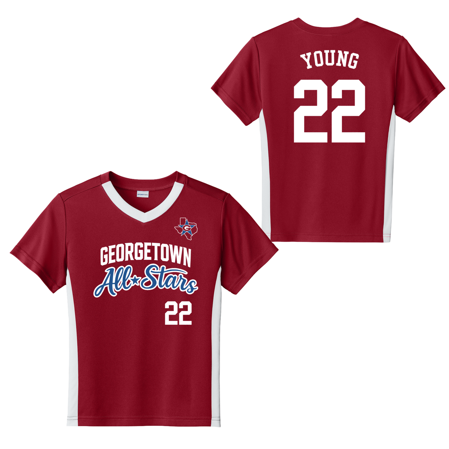 Red sports jersey with 'Georgetown All-Stars' and number '22' on a white background
