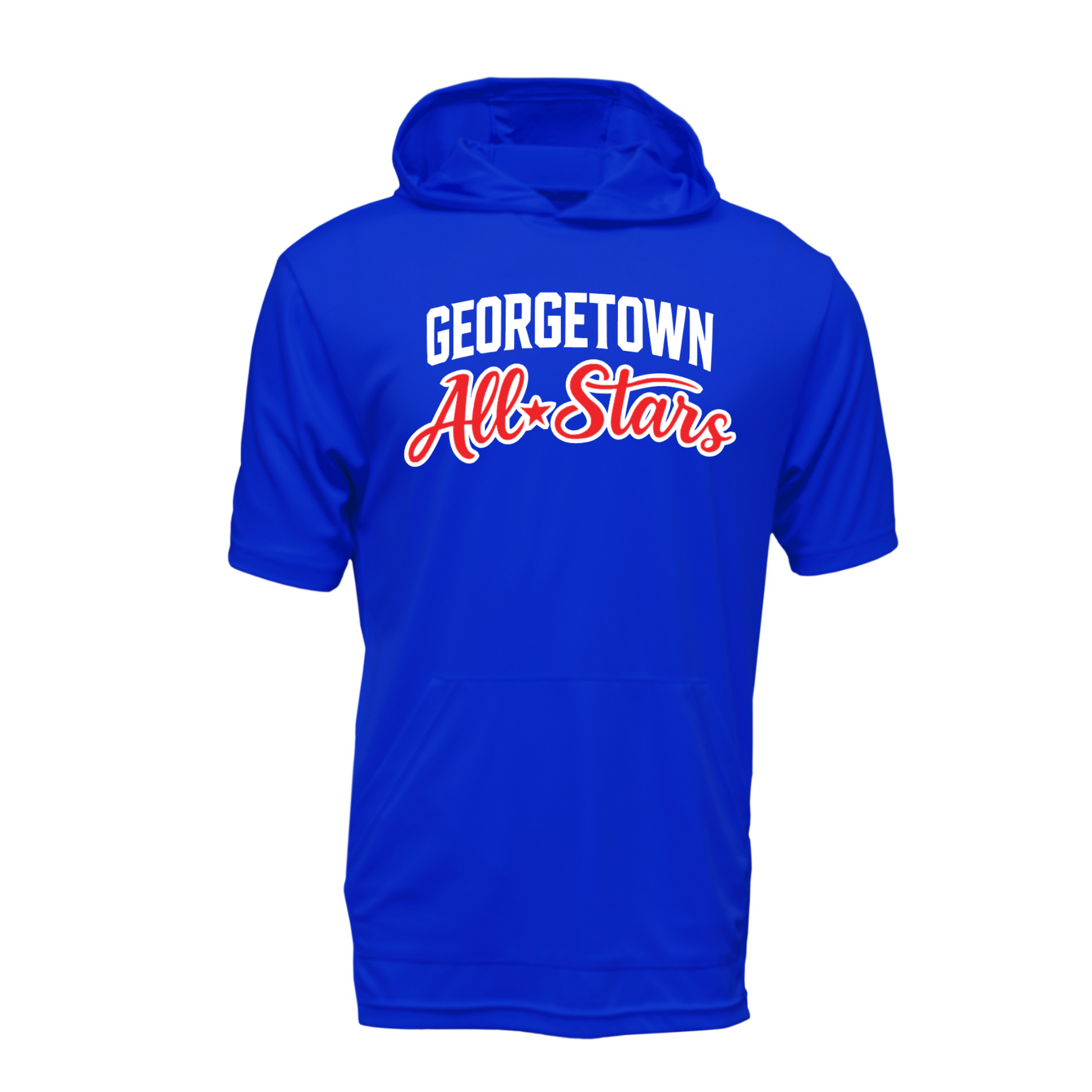 Blue hoodie with 'Georgetown All-Stars' text on a white background
