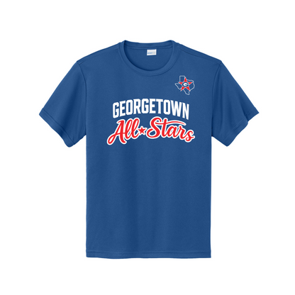 Blue t-shirt with 'Georgetown All-Stars' text on a white background
