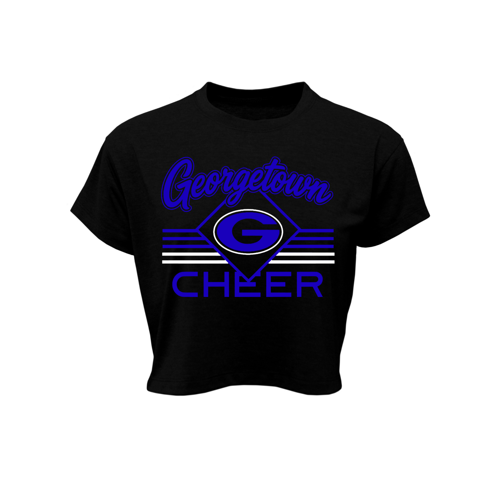 A black short-sleeve crop top t-shirt featuring a blue and white 'Georgetown Cheer' graphic on the front, displayed against a solid white background.