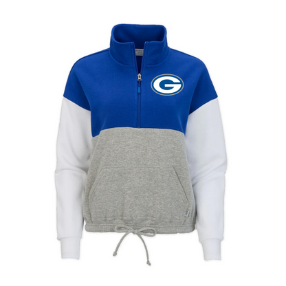 A women's colorblock quarter-zip sweatshirt with a royal blue upper chest and shoulders, white sleeves, and a heather gray lower body. It features a white and blue 'G' logo on the left chest, a mock neck, and a drawstring waist.