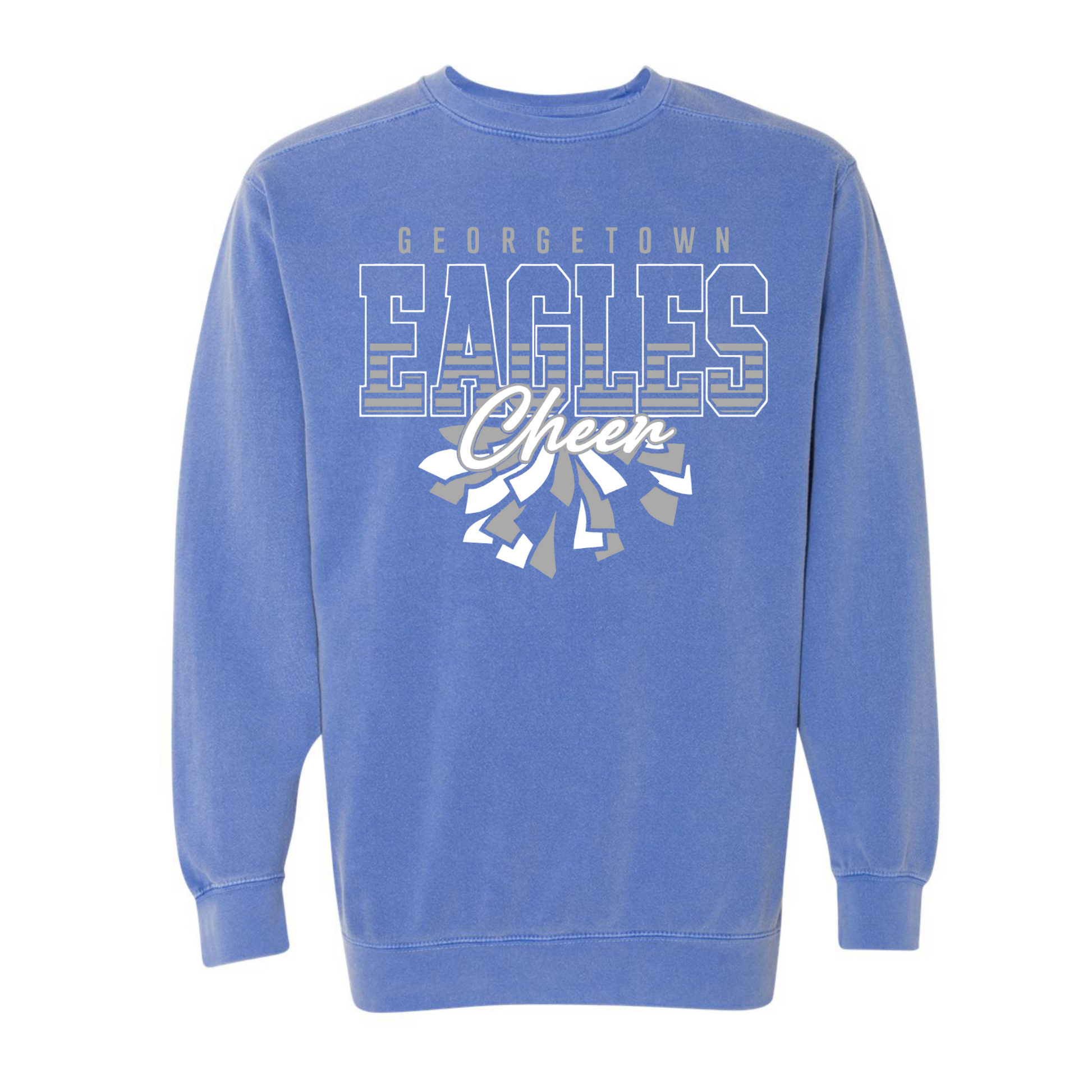 A blue long-sleeve crewneck sweatshirt featuring a 'Georgetown Eagles Cheer' graphic on the front, displayed against a solid white background.